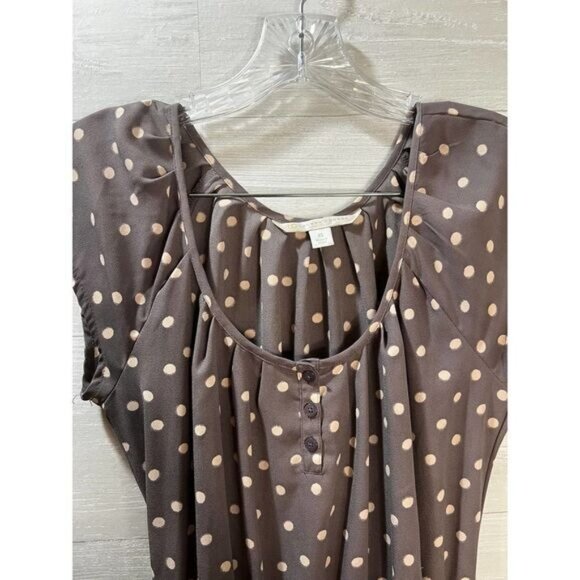 Brown Polka Dot Cap Sleeve A-Line Dress With‎ Back Keyhole & Button Front Detail - Picture 6 of 9